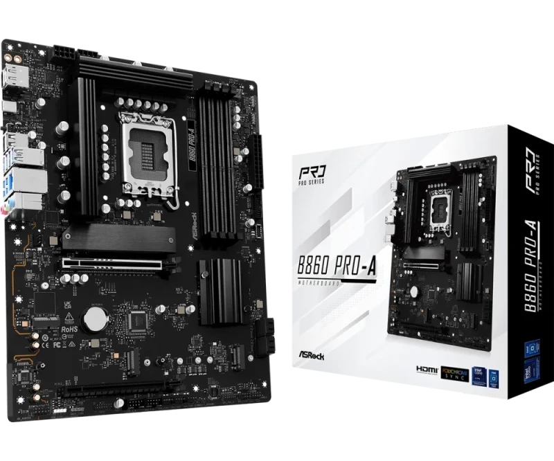 ASRock B860 Pro-A WiFi ATX Motherboard – Intel B860 Chipset, LGA1851 Socket, DDR5 up to 8666(OC), 4x DIMM Slots, 3x M.2 & 4x SATA III, Wi-Fi 6E & Bluetooth 5.3, 2.5Gb Ethernet, HDMI 2.1 & DisplayPort 1.4, Realtek ALC897 7.1 Audio - Featured Image