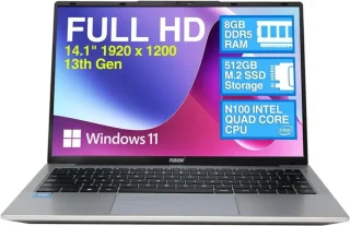 Fusion5 14.1" Windows 11 Full HD Laptop – Intel N100 Quad-Core CPU, 8 GB DDR5 RAM, 512 GB SSD Storage, 14.1″ 1920x1080 IPS Display, Dual-Band Wi-Fi, USB 3.0 Ports, Integrated Webcam
