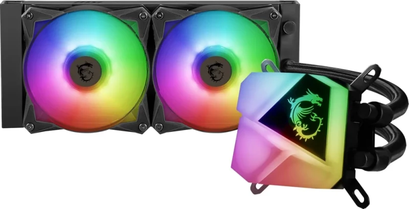 MSI MAG CoreLiquid C240 240 mm AIO Liquid CPU Cooler – Dual 120 mm ARGB PWM Fans (500–2000 RPM, 78.73 CFM), Aluminum Radiator (276x120x27 mm), ARGB Lighting on Pump & Fans, MSI Center Control, 400 mm Sleeved Tubing, Intel & AMD Socket Support High-Performance Water Cooling System - Featured Image