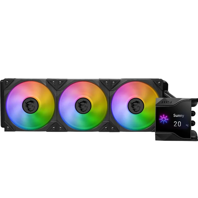 MSI MPG CoreLiquid D360 360 mm ARGB AIO Liquid CPU Cooler – Triple 120 mm TORX Fan 4.0 PWM ARGB Fans (Up to ~77.4 CFM), 2.4″ Customizable IPS Display with Hardware Monitoring, Reinforced Sleeved Tubing, Aluminum Radiator (394x120x27 mm), ARGB & Mystic Light Sync, Intel & AMD Socket Support High-Performance Water Cooling System - Featured Image