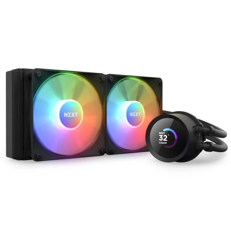 NZXT Kraken 240 RGB Black AIO Liquid CPU Cooler with 1.54″ LCD Display & RGB Fans – RL-KR240-B1 240 mm All-in-One CPU Liquid Cooling System, Dual 120 mm RGB Core PWM Fans (500–1800 RPM, ~78 CFM), Asetek Pump, Aluminum Radiator, Addressable RGB & CAM Customization, Intel/AMD Socket Support with RGB Controller Included - Featured Image