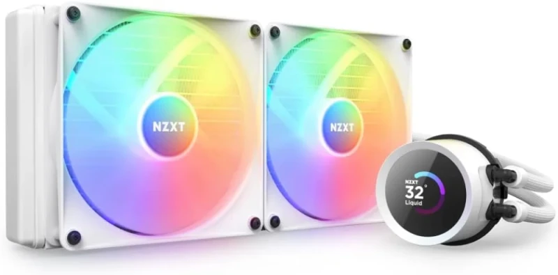 NZXT Kraken 240 RGB White AIO Liquid CPU Cooler with 1.54″ LCD Display & ARGB Fans – 240 mm All-in-One Cooling System, Dual F120 RGB Core PWM Fans (500–1800 RPM, ~78.86 CFM), Asetek Pump, Aluminum Radiator (275x123x30 mm), Reinforced Sleeved Tubing, CAM Customization & RGB Controller Included, Intel/AMD Socket Support - Featured Image
