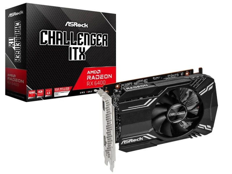 ASRock Challenger ITX Radeon RX 6400 4GB GDDR6 Graphics Card, Single-Fan Mini ITX Design, 2321MHz Boost Clock, PCIe 4.0 x4, 64-bit, 1x HDMI 2.1, 1x DisplayPort 1.4a, Low-Profile Ready, 162mm Black/Silver GPU - Featured Image