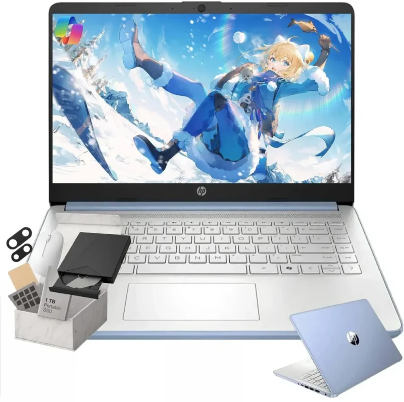 HP Student Business 14″ Laptop – Intel N150 Quad-Core CPU, 14″ HD (1366x768) LED Display, 4GB RAM, 128GB UFS Storage, Intel UHD Graphics, Wi-Fi 6, Bluetooth, Copilot AI, HD Webcam, USB-C/USB-A, HDMI, Windows 11 H, Sky Blue - Featured Image