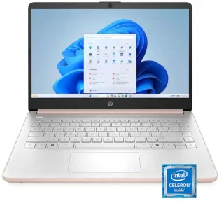 HP 14″ Laptop — Intel Celeron N4500 14″ HD (1366x768) Display, 4GB DDR4 RAM, 64GB eMMC Storage, Intel UHD Graphics, Wi-Fi 6, Bluetooth, HDMI & USB-C, HD Webcam, Chrome-Like Windows Experience, Pale Rose Gold