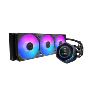 Cooler Master MasterLiquid Atmos II LCD 360mm ARGB AIO CPU Liquid Cooler - 2.1" Customizable LCD Display, Triple 120mm SickleFlow Edge ARGB Fans, 394mm Aluminum Radiator, 690–2500 RPM, 190 CFM Airflow, 3.61 mmH2O Pressure, Dual-Chamber Pump, Intel LGA1851/1700/1200/115x & AMD AM5/AM4