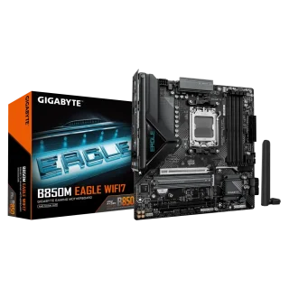 Gigabyte B850M EAGLE WiFi7 AM5 Micro-ATX Motherboard – AMD B850 Chipset, DDR5-8200(OC) Support, AM5 Socket for Ryzen 7000/8000/9000 Series, PCIe 5.0 x16 + PCIe 3.0 x16, 2x M.2 Slots with Thermal Guard, Wi-Fi 7 & 2.5 GbE LAN, USB 3.2 Gen2 Type-C, Dual DisplayPorts + HDMI, Smart Fan 6
