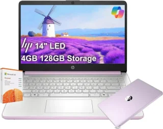 HP 14" Ultra-Light Laptop for Student & Home – 14" HD (1366x768) LED Display, Intel 4-Core N150 Processor, 4GB DDR4 RAM, 128GB Storage, Integrated Graphics, HD Webcam, Wi-Fi 6 & Bluetooth, Windows 11 S, Long Battery Life with Fast Charge, 1 Year Office 365, Lavender