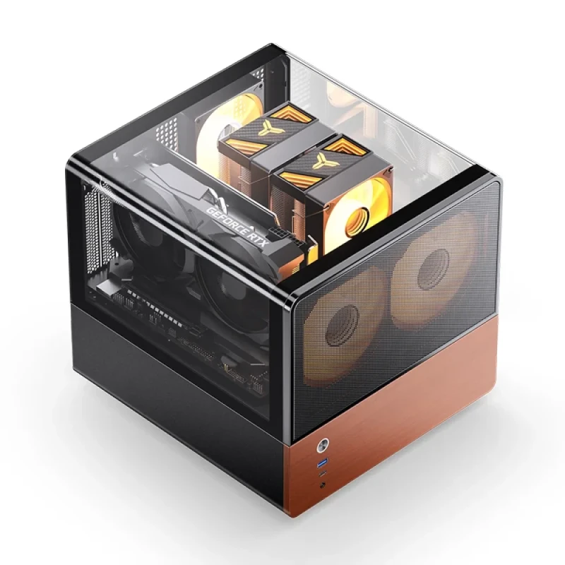 Jonsbo V12 Micro-ATX Mini-Tower PC Case – 270° Panoramic Tempered Glass & Walnut Trim, mATX/ITX Support, 260 mm GPU Clearance, 140 mm CPU Cooler Height, ATX PSU up to 220 mm, 2x 120 mm Fans Included, USB-C + USB 3.0 + Audio Front I/O, Desktop Showcase Gaming Case - Featured Image