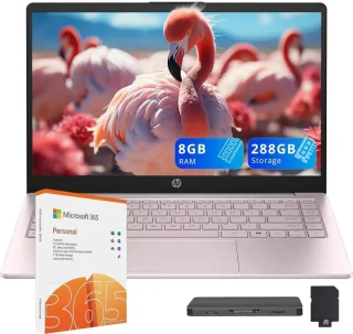 HP Stream 14" HD Laptop – Intel N150 Processor (Up to 3.6 GHz), 8GB RAM, 288GB Storage (128GB SSD + 160GB Docking Station Set), Intel UHD Graphics, HD Display, Wi-Fi, Fast Charge, 1 Year Office 365 + Copilot, Windows 11 S, Pink