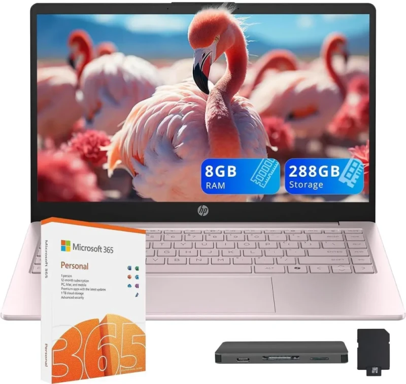 HP Stream 14" HD Laptop – Intel N150 Processor (Up to 3.6 GHz), 8GB RAM, 288GB Storage (128GB SSD + 160GB Docking Station Set), Intel UHD Graphics, HD Display, Wi-Fi, Fast Charge, 1 Year Office 365 + Copilot, Windows 11 S, Pink - Featured Image