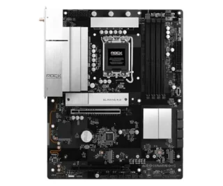 ASRock B860 Rock WiFi 7 ATX Motherboard – Intel B860 chipset, LGA1851 socket supporting Intel Core Ultra processors, DDR5 dual-channel memory (4 DIMM up to 256GB, XMP/EXPO), PCIe 5.0 & PCIe 4.0 slots, Wi-Fi 7 802.11be + Bluetooth 5.4, 2.5Gb LAN, 3x M.2 (Gen5/Gen4), 4x SATA3, HDMI 2.1, integrated I/O shield, Polychrome RGB headers ([ASRock official specs])