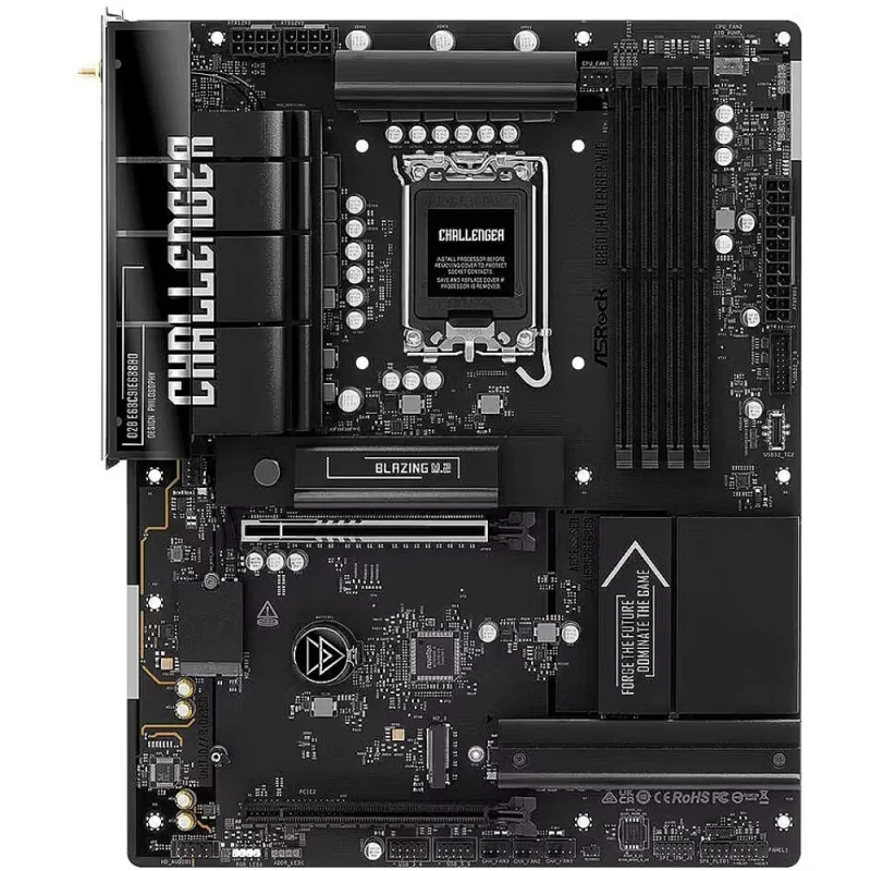 ASRock B860 Challenger WiFi ATX Motherboard – Intel B860 chipset, LGA1851 socket supporting Intel Core Ultra processors, DDR5 dual-channel memory (4 DIMMs up to 8666+ MT/s OC), PCIe 5.0 x16 & PCIe 4.0 x16 expansion, Wi-Fi 7 802.11be + Bluetooth 5.4, 2.5G LAN, 3x M.2 (Gen5/Gen4) slots, 4x SATA3, HDMI 2.1, USB-C & USB 3.2 ports, ASRock Polychrome RGB & Lightning Gaming Ports - Featured Image