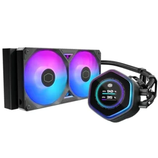 Cooler Master MasterLiquid Atmos II LCD 240 mm AIO CPU Water Cooler – Dual SickleFlow Edge ARGB Fans 690–2500 RPM, Black, Integrated 2.1″ LCD Display, Ultra-Low Profile Dual-Chamber Pump, PWM Control, Aluminum Radiator, Intel LGA & AMD AM5/AM4 Support (MLX-D24M-A25SZ-L1)