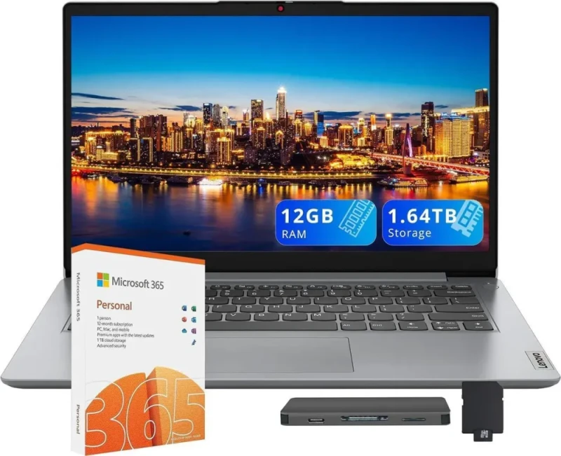 Lenovo IdeaPad 1i 14" HD Laptop – Intel Celeron N4500 Dual-Core Processor, 12 GB RAM, 1.64 TB Total Storage (128 GB eMMC + 512 GB SSD + 1 TB Docking), Intel UHD Graphics, 14″ HD (1366x768) Display, Webcam, Dolby Audio, Windows 11 Pro, Microsoft 365 Included, Gray - Featured Image
