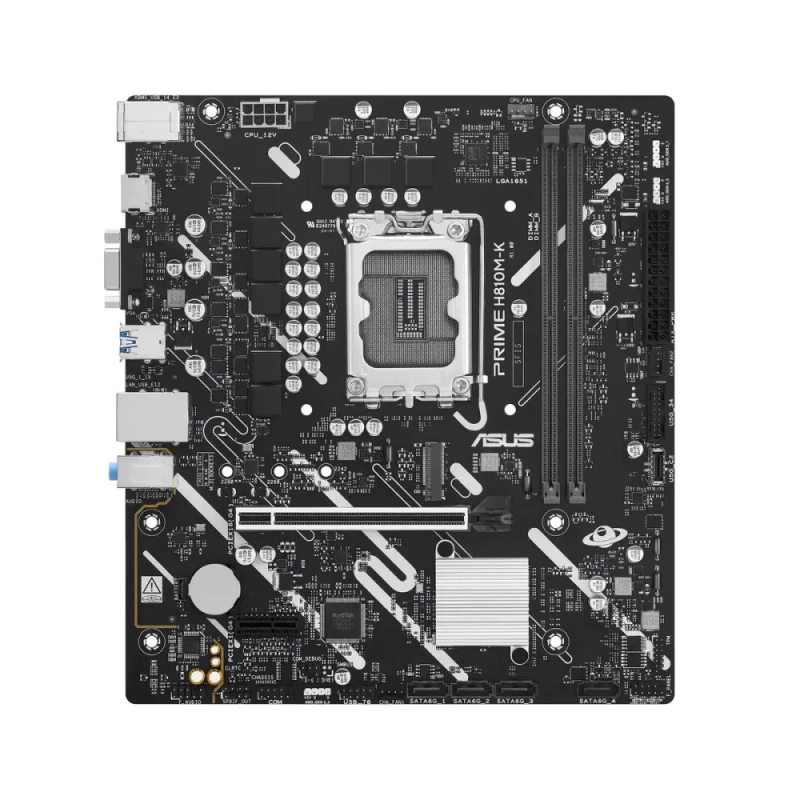 ASUS PRIME H810M-K – Intel H810 Chipset micro-ATX Motherboard, LGA1851 Socket for Intel Core Ultra Series, 2x DDR5 Slots (Up to 128GB, 6400 MT/s), PCIe 4.0 x16 & x1, 1x M.2 PCIe 4.0, 4x SATA 6 Gb/s, Realtek 1 Gb LAN, HDMI & VGA Video, USB 5 Gbps Type-A & Type-C, ASUS 5X Protection III, Aura Sync RGB - Featured Image