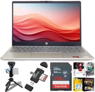 HP 14″ HD Windows Laptop AMD Athlon 7120 Moonlight Blue – 14″ HD LED Display, AMD Athlon 7120 Dual-Core, 4 GB DDR4 RAM, 128 GB UFS Storage, AMD Radeon Integrated Graphics, Wi-Fi, HDMI & USB Ports, Windows 11 Home, Bundle with Sennheiser Professional MKE 200 Mobile Kit (Directional Microphone, Smartphone Clamp, Tripod), Perfect for Students & Content Creators