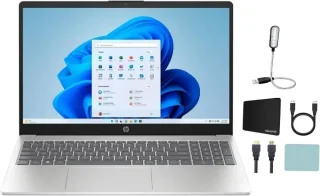 HP 15.6" HD Display, Intel Processor N200 (Pentium), 1.1 GHz, 4GB RAM, 128GB UFS, Numeric Keypad, Windows 11 Home, One Year Microsoft 365 Included, Bluetooth, Wi-Fi 6, Silver + Mazepoly Accessories