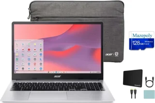 Acer Chromebook 315 (2023) Laptop Bundle – 15.6″ FHD IPS Display, Intel Celeron N4500, 4 GB RAM, 64 GB eMMC Storage, Chrome OS, Wi-Fi 6, Pure Silver, Includes Protective Sleeve and Mazepoly Accessories, Ideal for Students, Home, and Office Use, Lightweight Portable Chromebook for Productivity and Entertainment