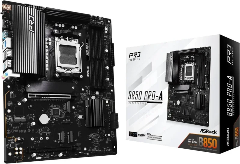 ASRock B850 Pro-A ATX Motherboard – AMD B850 Chipset, AM5 Socket for Ryzen 7000/8000/9000 Series, DDR5 Dual-Channel Memory, PCIe 5.0 x16 & PCIe 4.0 x16, 4x M.2 Slots, 4x SATA III, 2.5 Gb LAN (Dragon RTL8125BG), HDMI 2.1, USB 3.2 Gen2 Type-C & USB-A, Realtek ALC897 7.1 Audio - Featured Image