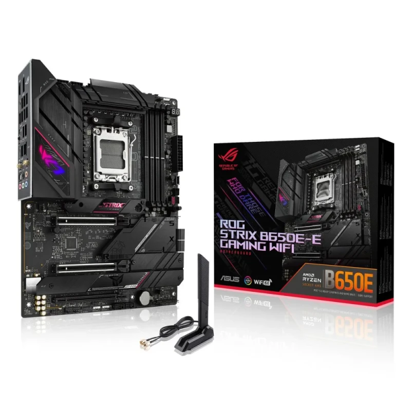 ASUS ROG STRIX B650E-E GAMING WIFI AM5 ATX Motherboard - AMD B650E Chipset, DDR5 up to 8000+ OC, 4x M.2 Slots (PCIe 5.0/4.0), PCIe 5.0 x16 SafeSlot, WiFi 6E, Bluetooth 5.2, 2.5G LAN, SupremeFX Audio, Aura Sync RGB, Black - Featured Image