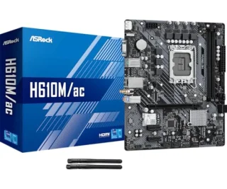ASRock H610M/ac Intel H610 LGA1700 Micro ATX Motherboard - Supports 12th/13th/14th Gen Intel Core CPUs, DDR4 up to 3200MHz, PCIe 4.0 x16 Slot, 1x M.2 PCIe Gen3 x4 Slot, Realtek ALC897 Audio, Intel Gigabit LAN, HDMI/DisplayPort/D-Sub Outputs, Built-in Intel 802.11ac WiFi + Bluetooth, Black