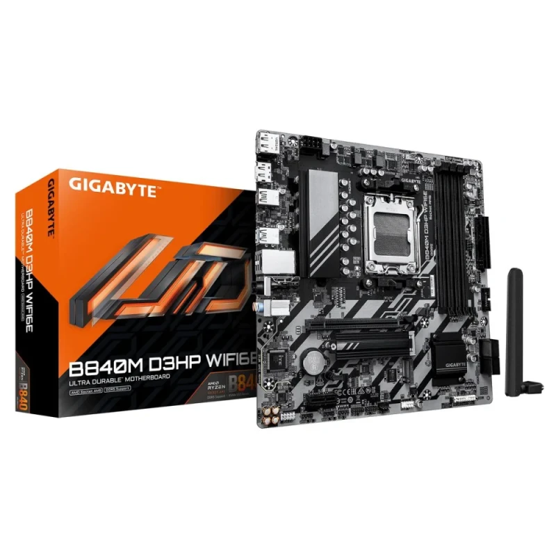 GIGABYTE B840M D3HP WIFI6E AM5 Micro-ATX Motherboard - AMD B840 Chipset, Supports Ryzen 9000/8000/7000 Series CPUs, DDR5 up to 8200MHz (OC), 4x DIMM Slots, PCIe 4.0 x16 Slot, 2x M.2 PCIe 4.0 Slots, WiFi 6E + Bluetooth 5.3, GbE LAN, HDMI/DisplayPort, Smart Fan 6, RGB Fusion, Black - Featured Image