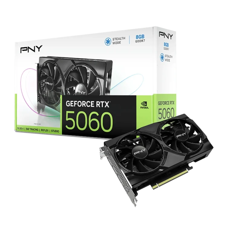PNY GeForce RTX 5060 8GB GDDR7 Dual-Fan PCIe 5.0 x8 Graphics Card – NVIDIA Blackwell GPU, 3840 CUDA Cores, 2497 MHz Boost, 128-bit 8 GB Memory, 3x DisplayPort 2.1b & HDMI 2.1b, 200 mm Compact Black Gaming GPU - Featured Image