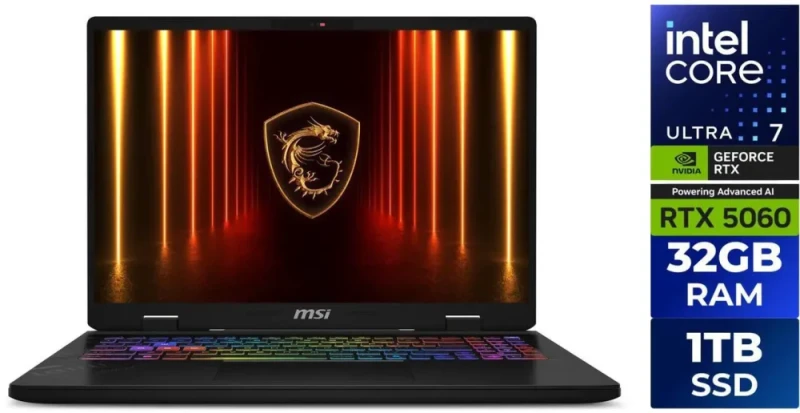 MSI Crosshair 16 HX AI 16" QHD+ 240Hz Gaming Laptop – Intel Core Ultra 7 255HX, GeForce RTX 5060 8GB GDDR7, 32GB DDR5-5600 RAM, 1TB PCIe 4.0 NVMe SSD, 2560x1600 IPS 100% DCI-P3 Display, Thunderbolt 4, Wi-Fi 6E, RGB Keyboard, Windows 11 Home (D2XWFKG-076US) - Featured Image