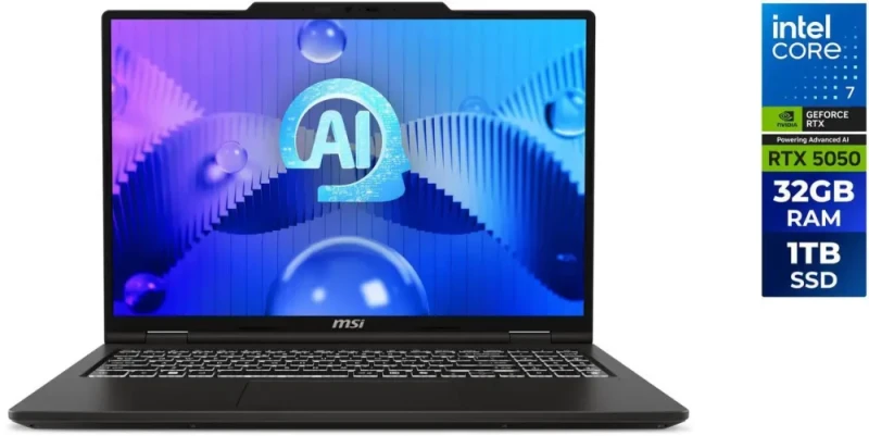 MSI VenturePro 16 A2RWETG-037US 16" Touchscreen Laptop – Intel Core 7 240H, NVIDIA GeForce RTX 5050 8GB GDDR7, 32GB DDR5-5600 RAM, 1TB PCIe 4.0 NVMe SSD, 1920x1200 IPS 120Hz Display, Wi-Fi 6E, Gigabit Ethernet, USB-C 3.2 Gen 2, HDMI 2.1, Windows 11 Home (VENPRO16A2037) - Featured Image