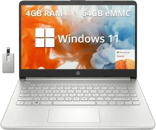 HP Stream 14" HD Laptop – AMD Athlon 3050U Dual-Core Processor, 4GB RAM, 64GB eMMC Storage, AMD Radeon Graphics, 14" HD Display, Full-Size Keyboard, 720p Webcam, Wi-Fi, Bluetooth, 1-Year Microsoft 365 Included, Windows 11, Silver, Includes 32GB USB Flash Drive