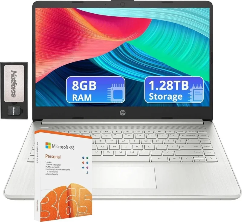 HP Flagship 14" Laptop – Intel 4-Core Processor (N-Series Class), 8GB RAM, 1.28TB Total Storage (128GB eMMC + 160GB Docking Station + 1TB Cloud Storage), 14" HD Display, Integrated Intel Graphics, HD Webcam, Wi-Fi, Fast Charge Support, 1-Year Microsoft 365 Included, Windows 11, Silver - Featured Image