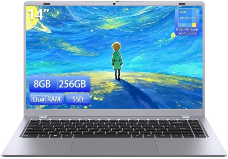 RNRUO 2025 14" FHD IPS Laptop – Intel Pentium Gold 6500Y Processor, 8GB RAM, 256GB SSD Storage, Windows 11 Pro, Ultra-Portable Business Notebook, 14" Full HD IPS Display, 5000mAh Battery, USB-C, Wi-Fi, Bluetooth, Slim Silver Design - Featured Image