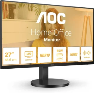 AOC U27B3CF - 27 Inch UHD Monitor, Speaker, Height Adjustable, HDR10 (3840 x 2160, 4K, 60 Hz, 2 x HDMI, USB Hub), USB - C (60 W PD) Black