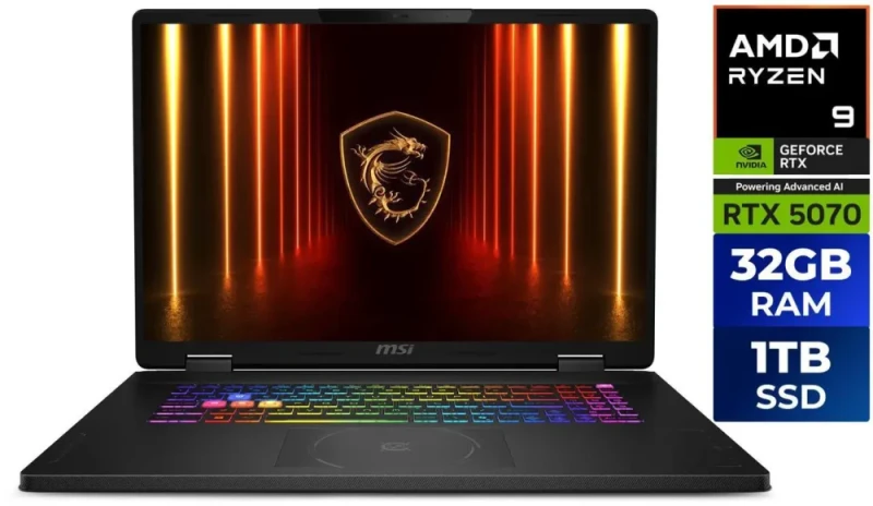 MSI Crosshair A18 HX A8WGKG 18" Gaming Laptop - AMD Ryzen 9 8940HX, NVIDIA GeForce RTX 5070 Laptop GPU, 32GB DDR5-5600 RAM, 1TB NVMe SSD, 18" 240Hz Gaming Display, Wi-Fi 6E, HDMI 2.1, USB-C, Windows 11 Home - Featured Image