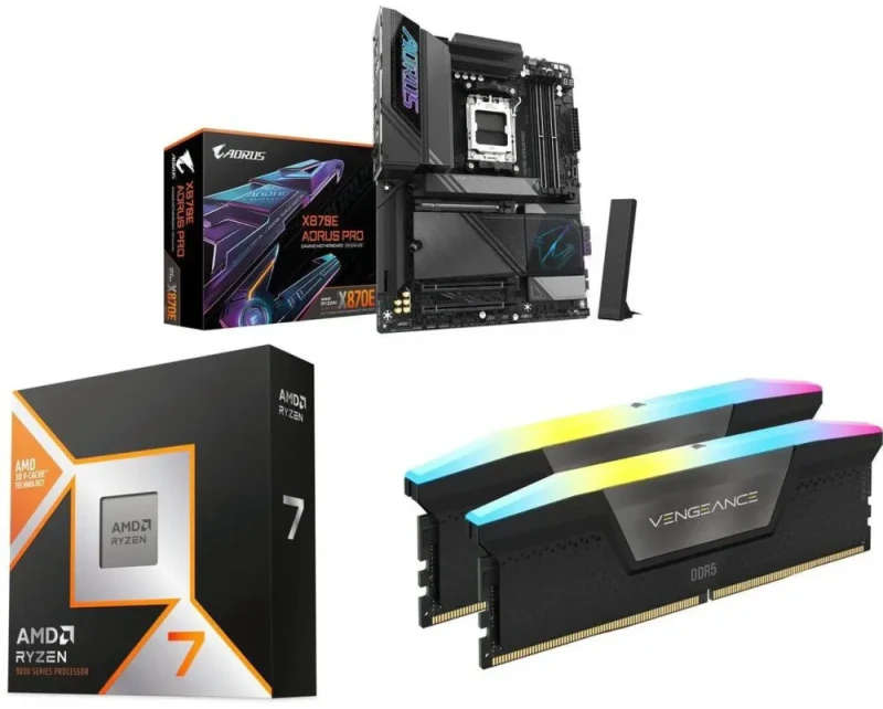 GIGABYTE X870E AORUS PRO AM5 + AMD Ryzen 7 9800X3D + CORSAIR Vengeance RGB 32GB DDR5 6000 RAM - Featured Image