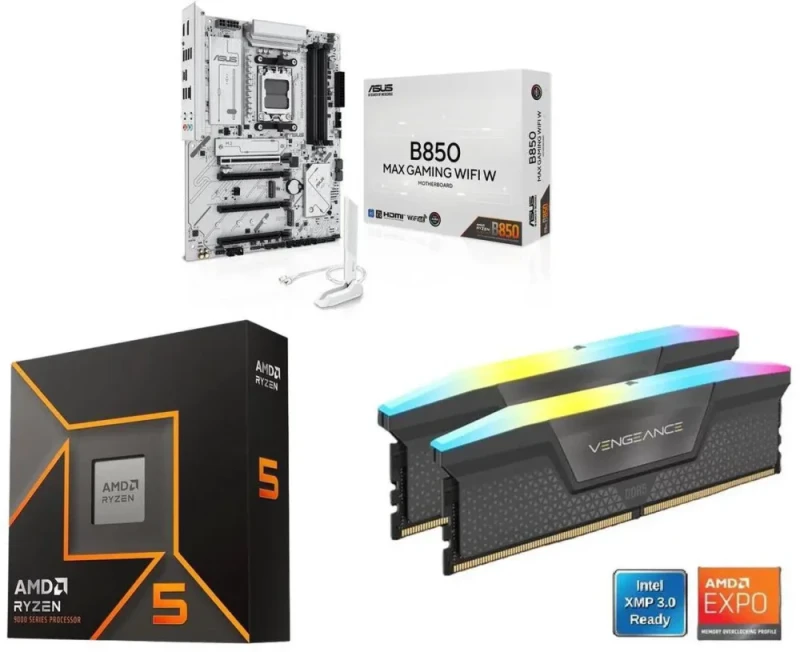 ASUS B850 MAX GAMING WIFI W + AMD Ryzen 5 9600X + CORSAIR Vengeance RGB 16GB DDR5 6000 RAM - Featured Image