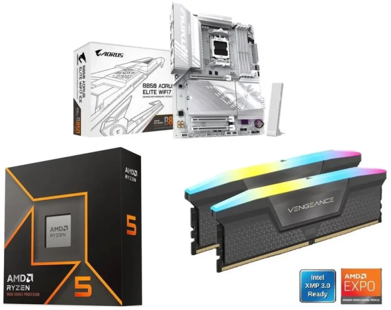 GIGABYTE B850 AORUS ELITE WIFI7 + AMD Ryzen 5 9600X + CORSAIR Vengeance RGB 16GB DDR5 6000 - Featured Image