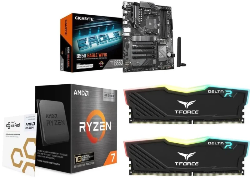 GIGABYTE B550 EAGLE WIFI6 + AMD Ryzen 7 5800X3D + Team T-Force Delta RGB 16GB (2x8GB) DDR4 3200 - Featured Image