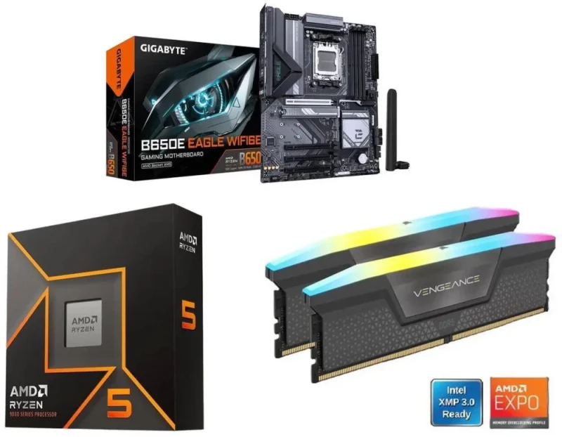 GIGABYTE B650E EAGLE WIFI6E + AMD Ryzen 5 9600X + CORSAIR Vengeance RGB 16GB DDR5 6000 - Featured Image