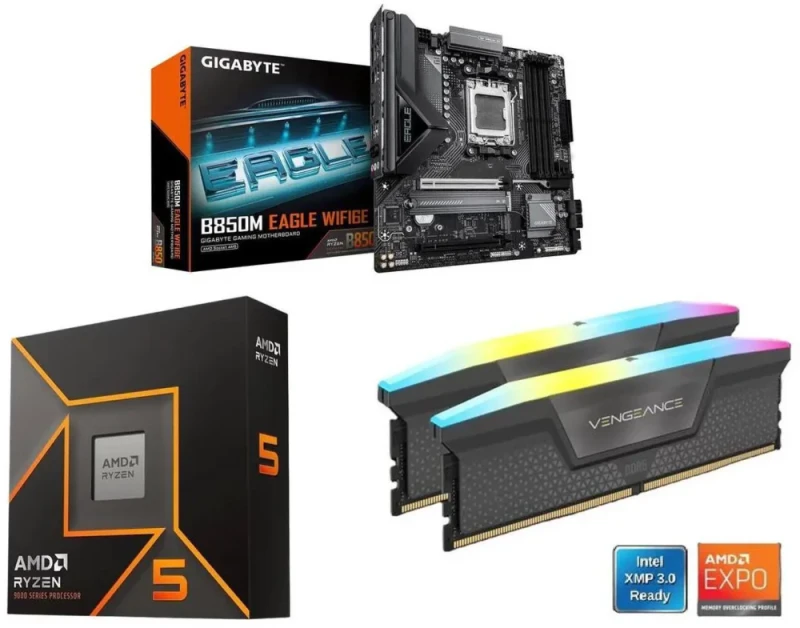 GIGABYTE B850M EAGLE WIFI6E + AMD Ryzen 5 9600X + CORSAIR Vengeance RGB 16GB DDR5 6000 - Featured Image