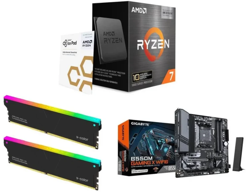 AMD Ryzen 7 5800X3D 10th Anniversary Edition + V-Color 32GB (2x16GB) DDR4 3200 + GIGABYTE B550M GAMING X WIFI6 - Featured Image