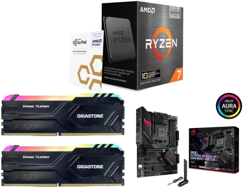 AMD Ryzen 7 5800X3D 10th Anniversary Edition + Gigastone GST Game Pro RGB 32GB (2x16GB) DDR4 3200 + Asus ROG Strix B550-F Gaming WiFi II - Featured Image