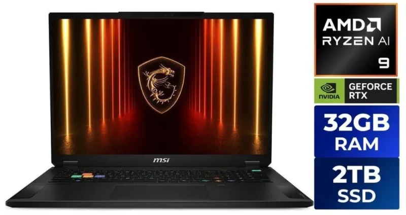 MSI Stealth A18 AI+ A3HWIG-028US Gaming Laptop - AMD Ryzen AI 9 365, GeForce RTX 5080 Laptop GPU 16GB, 32GB DDR5-5600 RAM, 2TB NVMe SSD, 18" UHD+ 120Hz Display, Windows 11 Pro - Featured Image
