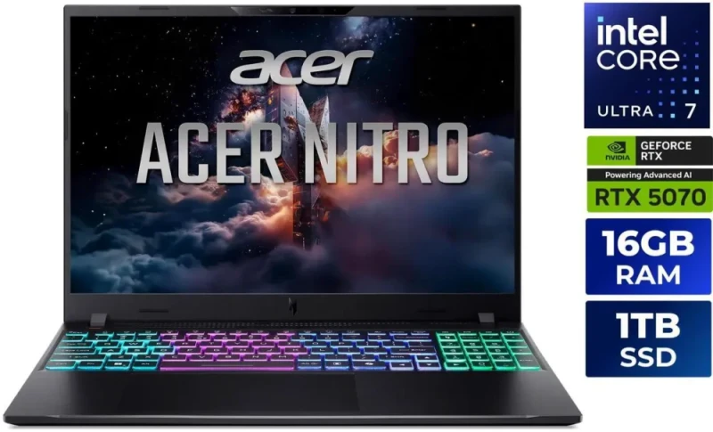 Acer Nitro V 16S AI NH.U4KAA.001 Gaming Laptop - Intel Core Ultra 7 355, GeForce RTX 5070 Laptop GPU 8GB, 16GB DDR5-6400 RAM, 1TB NVMe SSD, 16" WUXGA 180Hz Display, Windows 11 Home - Featured Image