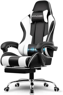 GTPLAYER GT800A Gaming Chair - White PU Leather, Lumbar Massage, Retractable Footrest, 135° Reclining Backrest, Adjustable Armrests, 150kg Weight Capacity