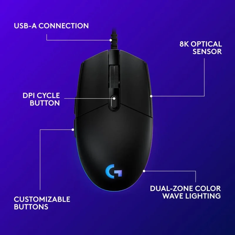 Logitech G203 Wired Gaming Mouse, 8,000 DPI, Rainbow Optical Effect LIGHTSYNC RGB, 6 Programmable Buttons, On-Board Memory, Screen Mapping, PC/Mac Computer and Laptop Compatible - Black - Image 6