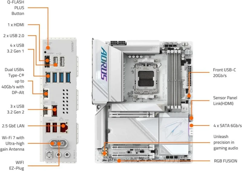 GIGABYTE X870E AORUS PRO ICE AM5 LGA 1718, ATX, DDR5, 4x M.2, PCIe 5.0, USB4, Wi-Fi 7, 2.5GbE LAN, EZ-Latch, 5-Year Warranty - Image 5
