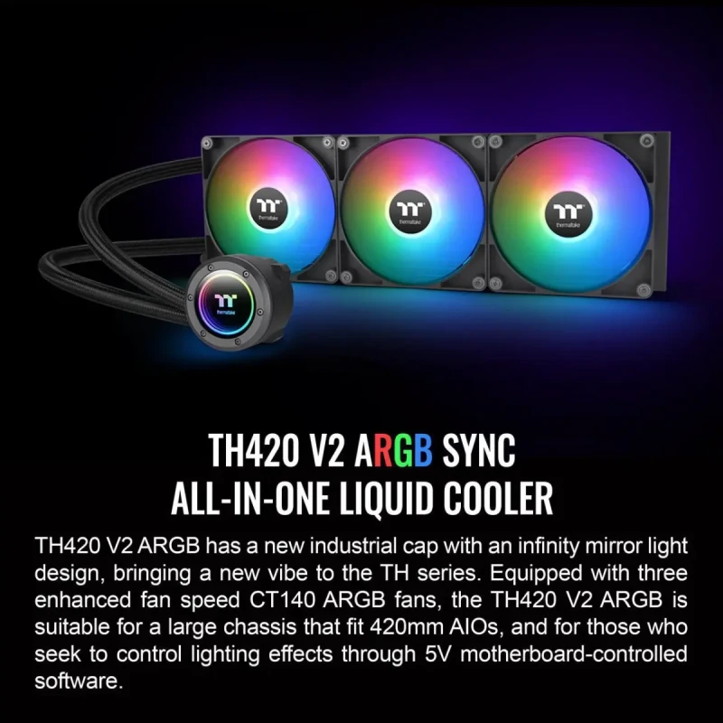 Thermaltake TH420 ARGB Sync V2 CPU Liquid Cooler/AlO Liquid Cooling/Fan 140mm*3/PWM 500~2000 RPM/Mirror Waterblock/MB ARGB Sync Control, CL-W376-PL14SW-A - Image 2