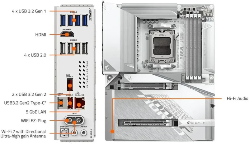 GIGABYTE B850 AORUS STEALTH ICE AMD AM5 Motherboard, ATX, DDR5, 4x M.2, PCIe 5.0, USB-C, WIFI7, 5GbE LAN, EZ-Latch, - Image 7